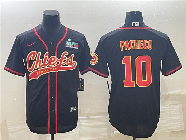 Men's Kansas City Chiefs #10 Isiah Pacheco Black With Super Bowl LVII Patch Cool Base Stitched Baseball Jersey